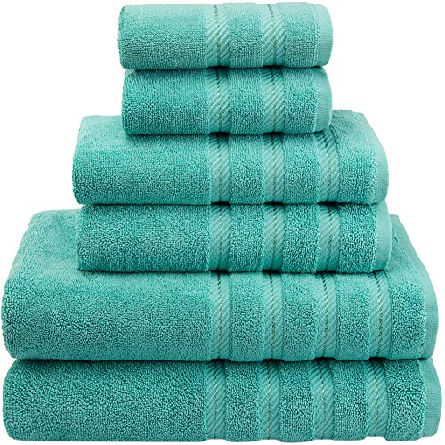 Book Cover American Soft Linen 6-Piece 100% Turkish Genuine Cotton Premium & Luxury Towel Set for Bathroom & Kitchen, 2 Bath Towels, 2 Hand Towels & 2 Washcloths [Worth $72.95] - Turquoise Blue