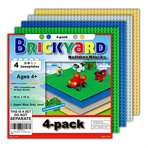 Book Cover Brickyard Building Blocks Lego Compatible Baseplate - Pack of 4 Large 10 x 10 Inch Base Plates for Toy Bricks, STEM Activities & Display Table - Green, Blue, Gray, Sand