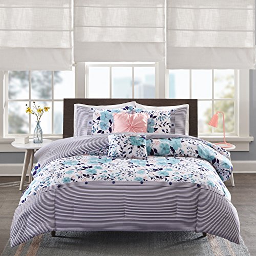 Book Cover Intelligent Design Delle Comforter Set Twin/Twin Xl Size - Blue , Floral Stripes - 4 Piece Bed Sets - Ultra Soft Microfiber Teen Bedding For Girls Bedroom