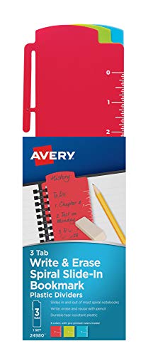 Avery Spiral Slide-in Plastic Bookmark Dividers, 3 Tabs, 1 Set, Write & Erase, Assorted Colors (24980)