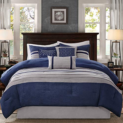 Book Cover Madison Park - Palmer 7 Piece Comforter Set - Navy Blue and Gray - Queen - Pieced Microsuede - Includes 1 Comforter, 3 Decorative Pillows, 1 Bed Skirt, 2 Shams