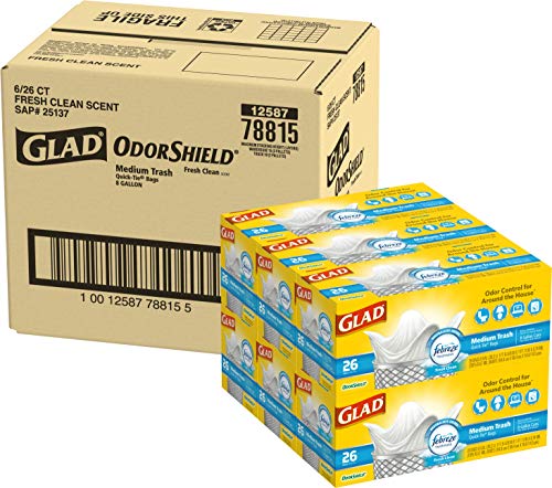 Book Cover Glad Medium Quick-Tie Trash Bags - OdorShield 8 Gallon White Trash Bag, Febreze Fresh Clean - 26 Count - Pack of 6 (Package May Vary)