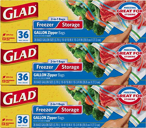 Glad Trash & Food Storage Food Storage and Freezer 2 in 1 Zipper Bags - Gallon Size - 36 Count Each (Pack of 3), Transparent (10602052)