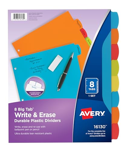 Avery Big Tab Write & Erase Durable Plastic Dividers, 8 Multicolor Tabs, 1 Set (16130)