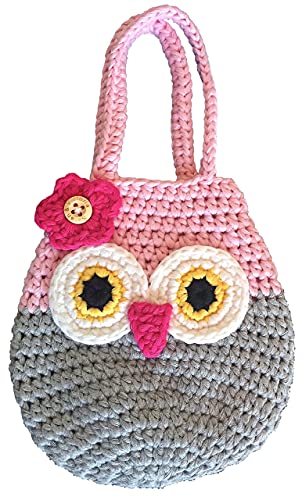 Sarah & Victoria Happy Owl Mini Purse, Adorable Pink & Grey First Handbag for Little Girls, 100% Handmade, Natural Soft Cotton, Crochet, Great 2, 3, 4 Year Old Girl Gifts, Birthday Cuteness!