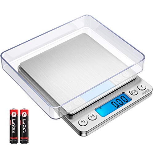 Book Cover (Upgraded) AMIR Digital Kitchen Scale, 500g Mini Pocket Jewelry Scale, Cooking Food Scale, Back-Lit LCD Display, 2 Trays, 6 Units, Auto Off, Tare, PCS, Stainless Steel (Batteries Included)