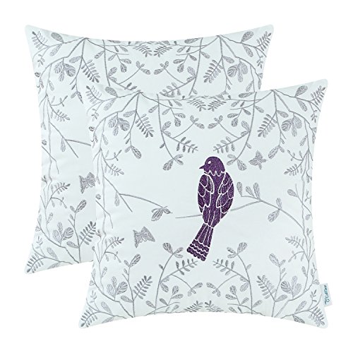 Book Cover CaliTime Pack of 2 Cotton Throw Pillow Cases Covers for Bed Couch Sofa Cute Bird in Gray Garden Embroidered 18 X 18 Inches Purple