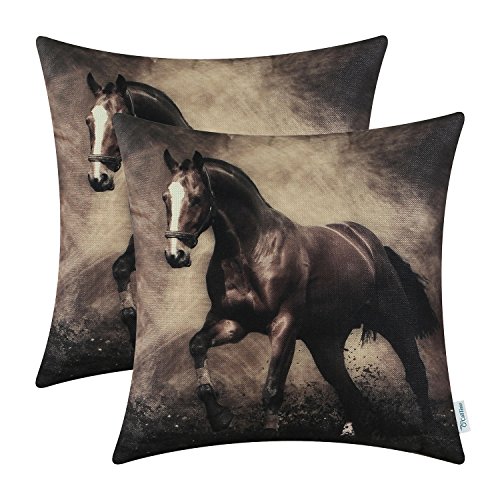 Book Cover CaliTime Pack of 2 Soft Canvas Throw Pillow Covers Cases for Couch Sofa Home Decor, Vivid Wild Horses Print, 45cm x 45cm, Brown Horse