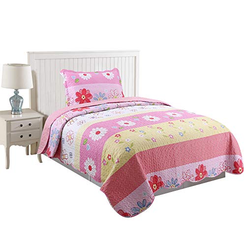 Book Cover MarCielo 2 Piece Kids Bedspread Quilts Set Throw Blanket for Teens Girls Bed Printed Bedding Coverlet, Twin Size Pink Floral (Twin)