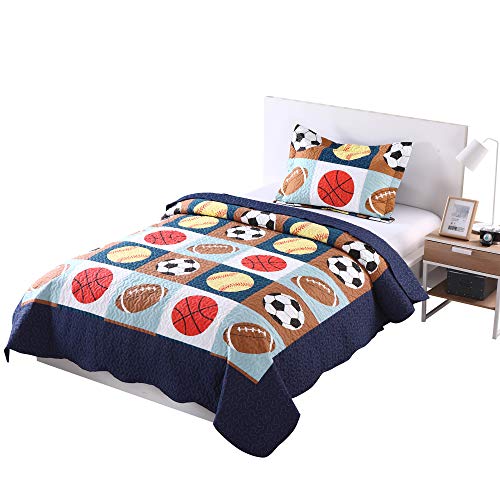 Book Cover MarCielo 2 Piece Kids Bedspread Quilts Set Throw Blanket for Teens Boys Bed Printed Bedding Coverlet, Twin Size, Blue Basketball Football Sports, American Football (Twin)