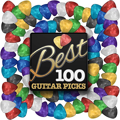 Book Cover Best Guitar Picks (HUGE 100 VALUE PACK) Unique Designs in Assorted Colors & Celluloid Finish- 3 Different Sizes Light/Thin, Medium, Heavy/Thick - Awesome for Acoustic, Bass, or Electric Guitars