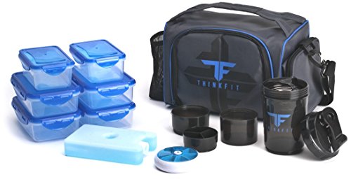 ThinkFit Insulated Meal Prep Lunch Box with 6 Food Portion Control Containers - BPA-Free, Reusable, Microwavable, Freezer Safe - With Shaker Cup, Pill Organizer, Shoulder Strap & Storage Pocket (Blue)