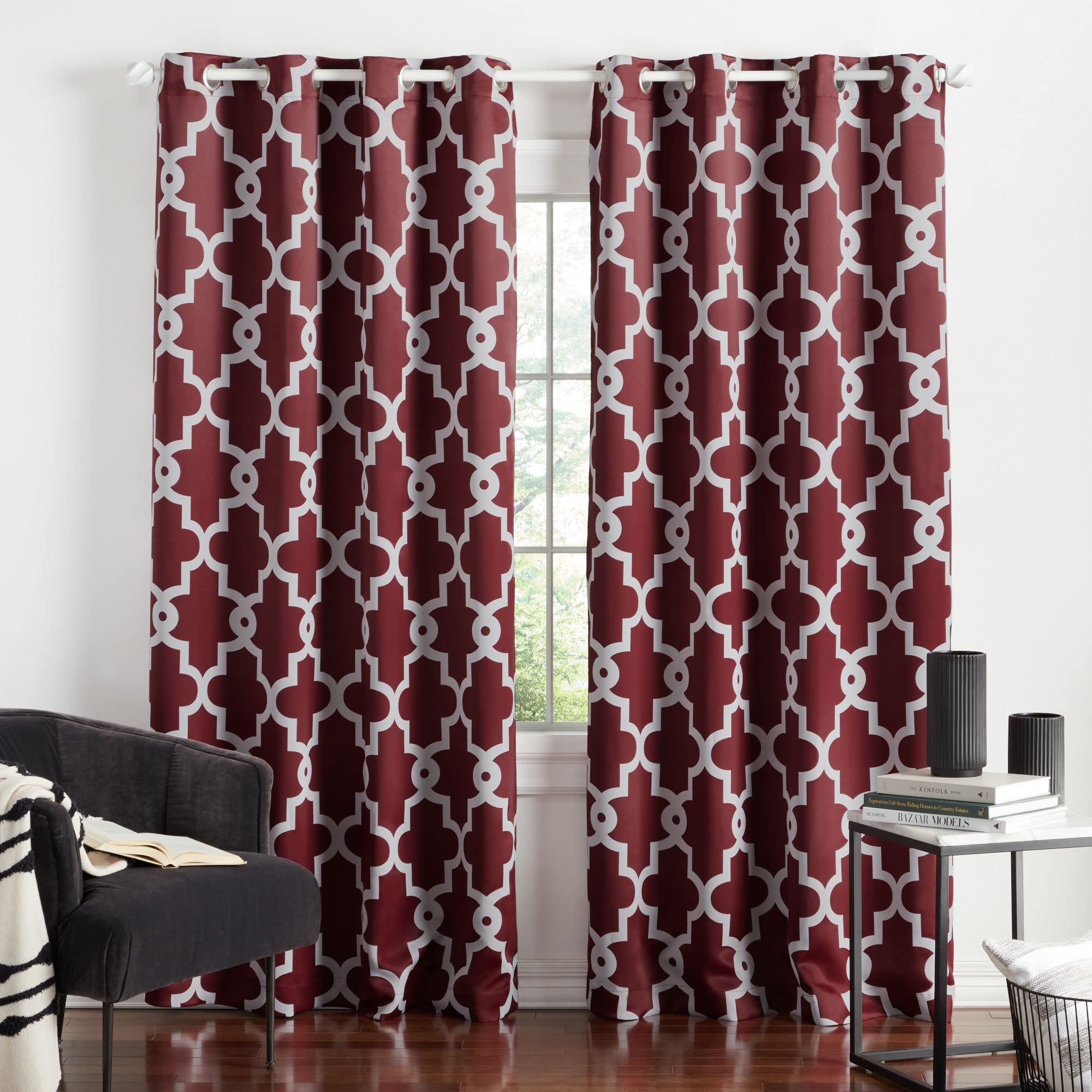 Book Cover Exclusive Home Curtains Ironwork Woven Blackout Grommet Top Panel Pair, Burgundy, 52x84, 2 Piece 52x84 Ironwork Burgundy