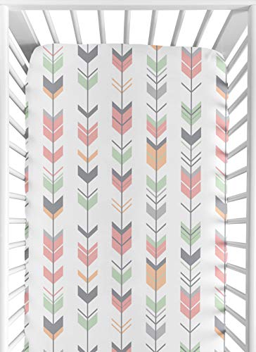 Sweet Jojo Designs Woodland Arrow Girl Baby Fitted Crib Sheet for Infant Newborn Nursery Toddler Bed Room Standard Mattress - Grey, Coral Pink and Mint Green Mod Modern