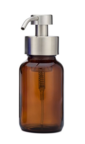 Rail19 Amber Glass Apothecary Foaming Soap Dispenser with Metal Pump - for Kitchen and Bathroom Countertop, 8.5oz (Stainless Steel)