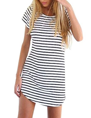 OURS Women's Crew Neck Short Sleeve Striped Loose T-Shirt Mini Dress