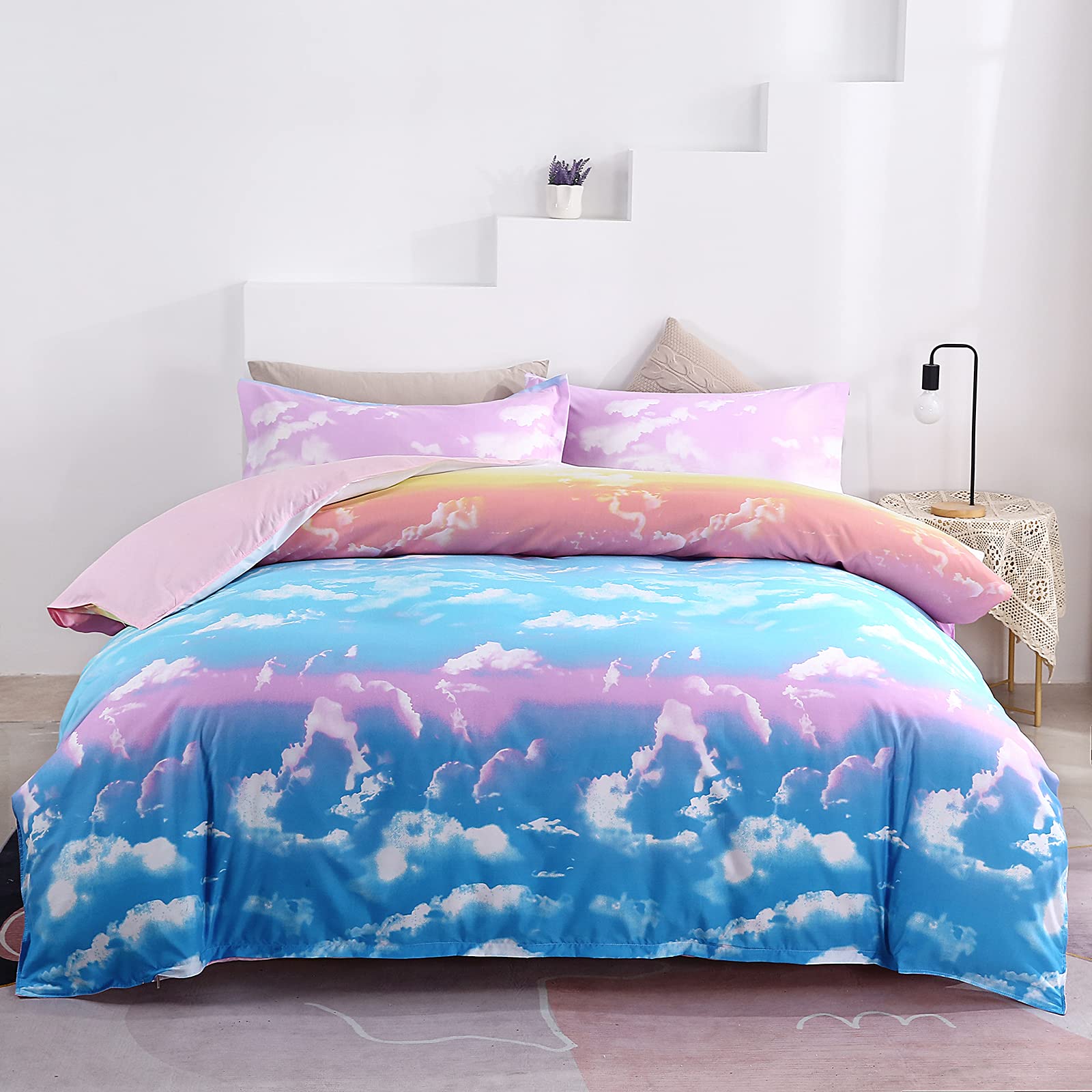 Book Cover Mengersi Rainbow Duvet Cover Set Twin Size for Girls Cloud Sky Pink Blue Comforter Cover Bedding Set with Zipper Closure (1 Duvet Cover +1 Pillow Sham)