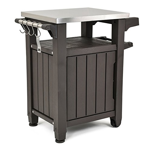 Keter Unity Indoor Outdoor BBQ Entertainment Storage Table/Prep Station with Metal Top, Brown