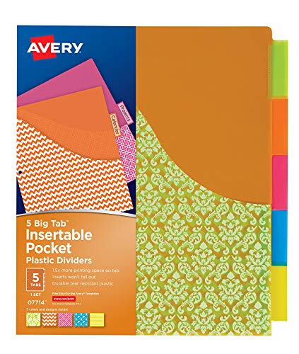 Avery Big Tab Insertable Pocket Plastic Dividers for 3 Ring Binders, 5-Tab Set, Assorted Designs, 1 Set (07714)