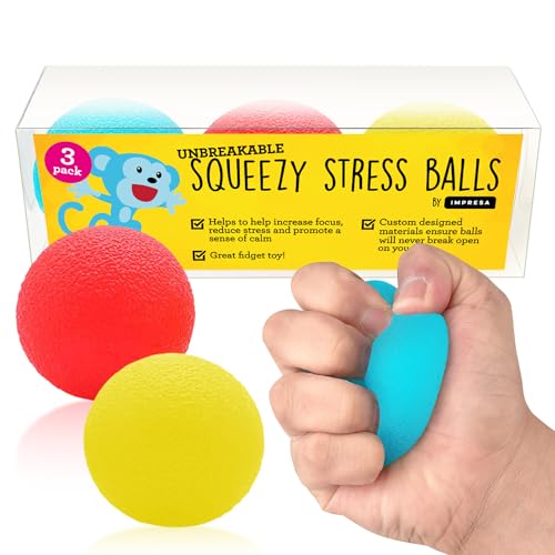 Stress Relief Balls (3-pack) - Tear-Resistant, Non-toxic, No BPA/Phthalate/Latex (Colors as Shown) - Ideal for Kids and Adults - Squishy Relief Toys to Help Anxiety, ADHD, Autism and More - By IMPRESA