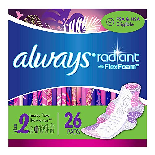 Always Radiant Feminine Pads for Women, Size 2, 78 Count, Heavy Flow Absorbency, with Flexfoam Wings, Light Clean Scent, 26 Count, Pack of 3 - 78 Count Total)