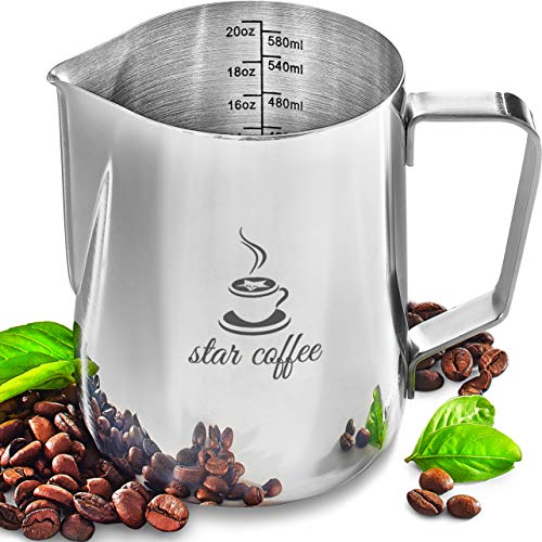 Star Coffee 20, 12 or 30oz Stainless Steel Milk Frothing Pitcher - Measurements on Both Sides Inside Plus eBook & Microfiber Cloth - Perfect for Espresso Machines, Milk Frothers, Latte Art