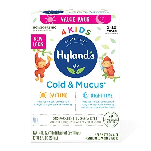 Book Cover Kids Cold Medicine and Mucus Relief for Ages 2+, Hylands 4 Kids Cold 'n Mucus, Day and Night Value Pack, Syrup Cough Medicine for Kids, Nasal Decongestant and Allergy Relief, 4 Fl Oz Each