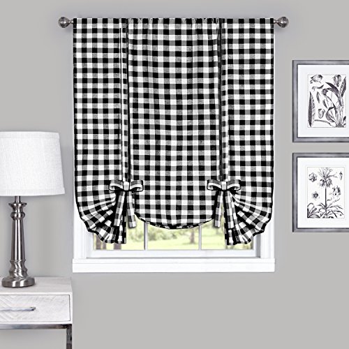 Buffalo Check Tieup Window Curtain - 42 Inch Width, 63 Inch Length - Black & White Plaid - Light Filtering Farmhouse Country Drapes for Bedroom Living & Dining Room by Achim Home Decor