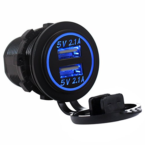Cllena Dual USB Charger Socket Power Outlet 2.1A & 2.1A for Car Boat Marine Mobile (4.2A-Blue)