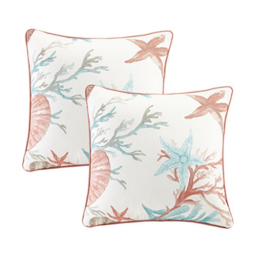 Madison Park Cotton Printed Throw Pillow Coastal Square Decorative Pillow for Sofa, Chair, Daybed, Set of Two, 20x20, Coral