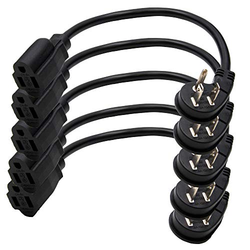 BH 1-Foot Low Profile Angle Extension Power Cord (5 Packs) 16 AWG NEMA 5-15P to 5-15R UL Listed