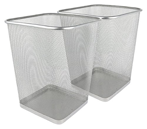 Book Cover Greenco Small Trash Cans for Home or Office, 2-Pack, 6 Gallon Silver Mesh Square Trash Cans, Lightweight, Sturdy for Under Desk, Kitchen, Bedroom, Den, or Recycling Can