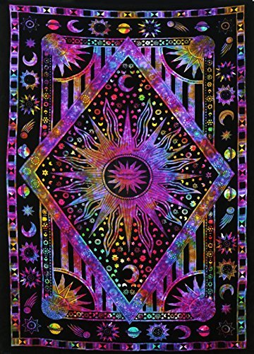 Jaipur Handloom Twin Blue Tie Dye Purple Burning Sun Tapestry, Celestial Sun Moon Planet Bohemian Tapestry Tapestry Tapestry Wall Hanging Boho Tapestry Hippie Hippy Tapestry Beach Coverlet Curtain