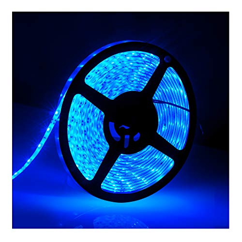 Tasodin IP65, 12V Waterproof Flexible LED Strip Light（Power Cord not Included）, 16.4ft/5m Cuttable LED Light Strips, 300 Units 3528 LEDs Lighting String, LED Tape(Blue) Power Adapter not Included