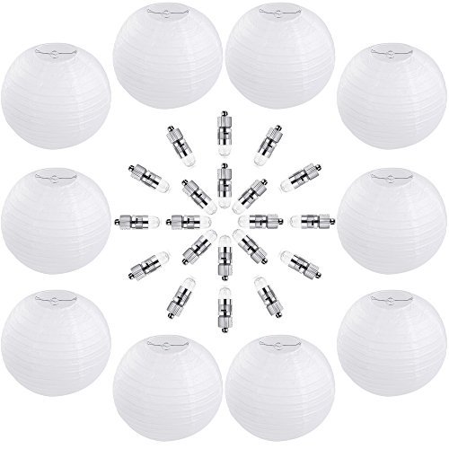 Vastar 10 Packs 12 Inch White Round Paper Lanterns, 20 Packs White LED Party Lights for Paper Lanterns and Extra 60 LED light Batteries