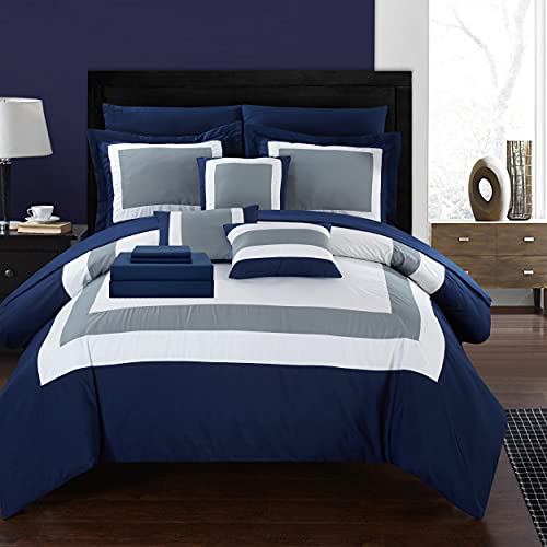 Chic Home Duke 10 Comforter Complete Bag Pieced Color Block Patterned Bedding with Sheet Set and Decorative Pillows Shams Included, King, Navy