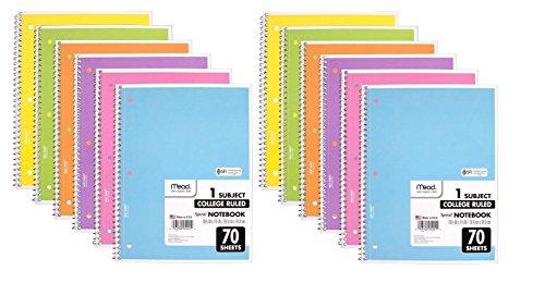 Mead Spiral Notebook, 12 Pack of 1-Subject College Ruled Spiral Bound Notebooks, Pastel Color Cute school Notebooks, 70 Pages
