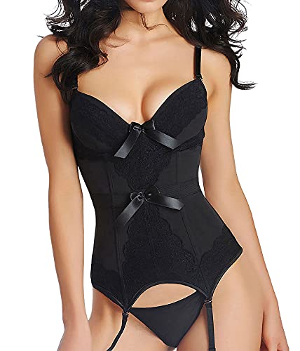 TOPMELON Corset Lingerie Set for Women with Underwire Strap Garter Lingerie Set Push Up Bustier Corset Waist Cincher Overbust
