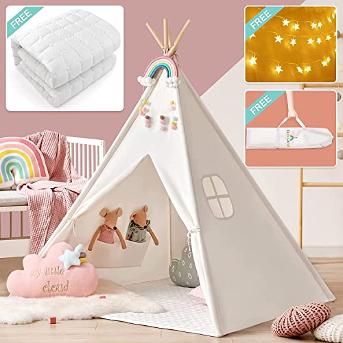 Book Cover Tiny Land Large Kids Teepee Tent with Padded Mat & Light String & Carry Case-Kids Foldable Play Tent -Toys for 3,4,5,6 Year Old Girls, White Canvas Teepee Indoor Outdoor Games-Kids Playhouse-Kids Tent