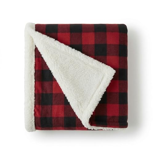 Eddie Bauer Cabin Plaid Flannel Sherpa Throw, Red