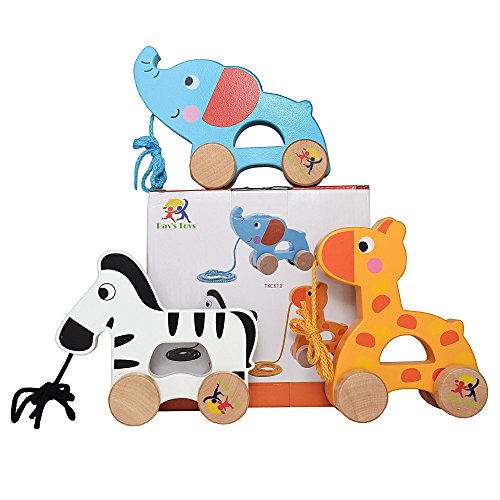 Wooden Pull Along Toy Set of 3- Beautiful Giraffe, Elephant & Zebra Pull Along Toy for Baby Boy & Girl- The Best Toy for 1-Year Olds and up- Outdoor & Indoor Toy for Babies & Toddlers- Child Safe Toy