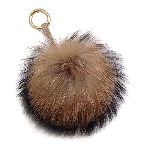 6" Large Fluffy Genuine Pom Pom Keychain Puffy Ball Car Keyring / Bag Purse Charm (Natural brown)