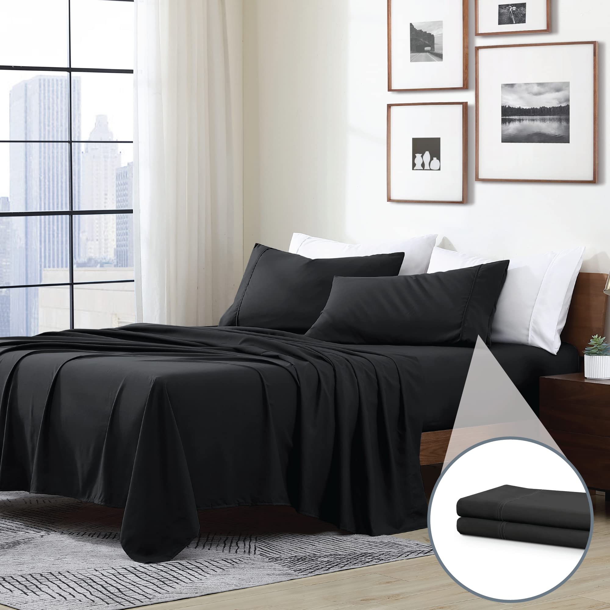 Book Cover Swift Home Twin 4-Piece Microfiber Sheet Sets (Includes 1 Bonus Pillowcase), Ultra-Soft Brushed - Extremely Durable - Easy Fit - Wrinkle Resistant, Twin, Black Black Twin