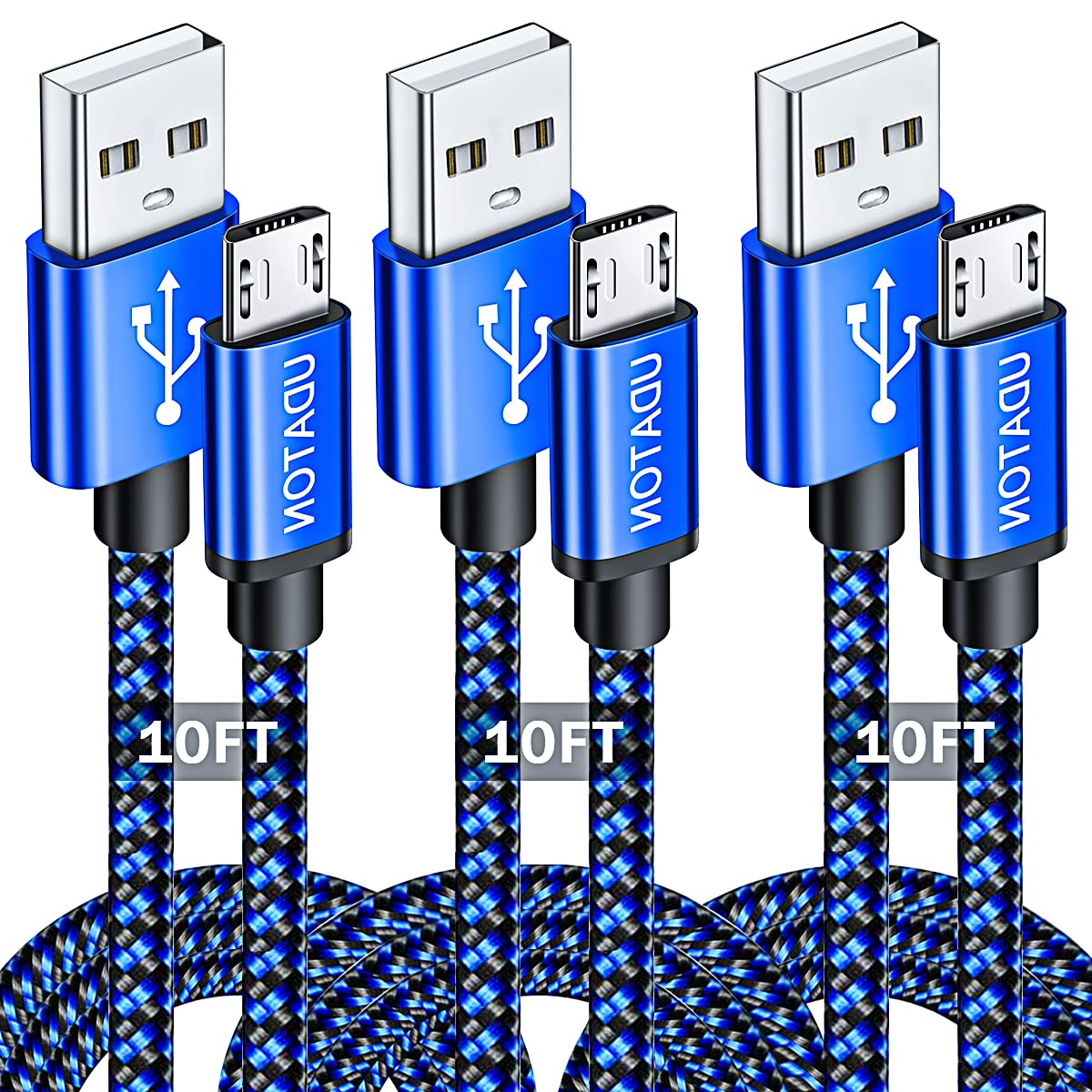 Book Cover Micro USB Cable 10ft, Android Charger, USB C Cable, 3Pack Extra Long Kindle Fire Charger, udaton High Speed Nylon Braided Micro Fast Charging Cord for Samsung Galaxy S7 Kindle Fire 7 PS4 Xbox LG, Blue