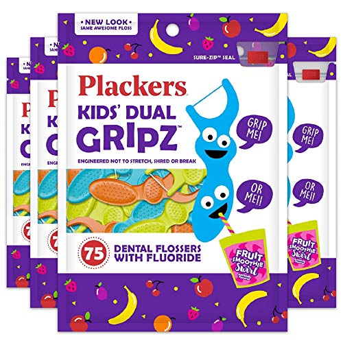 Book Cover Plackers Kids Dental Floss Picks 75, Multicolor, Fruit Smoothie Swirl, Original Version, 300 Count (Pack of 4)