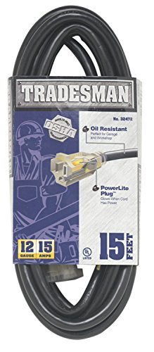 Woods 32472 12/3 15-Foot SJTOW Heavy Duty Lighted Extension Cord for Indoor/Outdoor Use, Black, 1 Pack