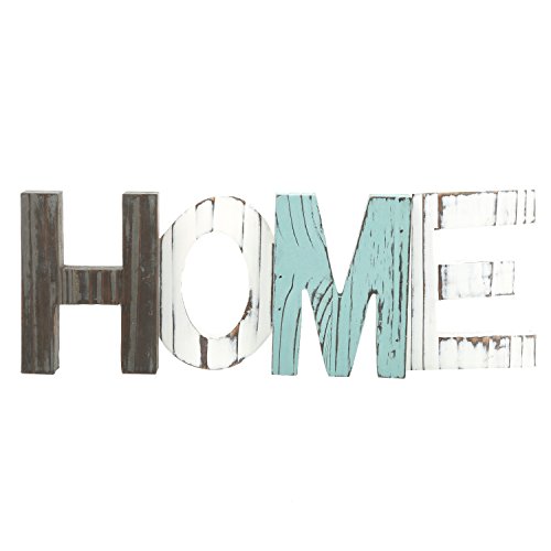 MyGift Rustic Teal, Brown and White Wood Home Decorative Mantel Sign, Standing Cutout Word Decor