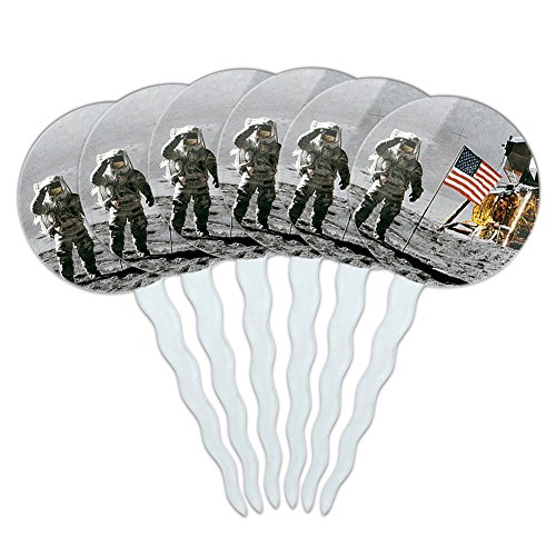 Set of 6 Cupcake Picks Toppers Decoration Space and Aliens - Astronaut Moon Landing American Flag