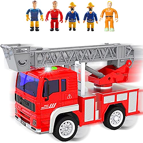 FUNERICA Fire Truck Toy with Lights, Sounds, Sirens, Extendable Ladder, Friction Wheels, 5 Firemen, Firefighter Figures - Red Mini Firetruck Engine for Toddlers, Kids, Boys, Girls Ages 3-7