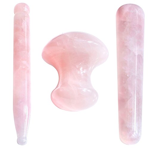 CCbeauty Handmade Gua Sha Scraping Massage Tools Natural Stone Rose Quartz Guasha Mushroom Board, Massage Wand for Acupuncture Therapy Stick Point Treatment Mother's Day Gift Set, 3 Pcs